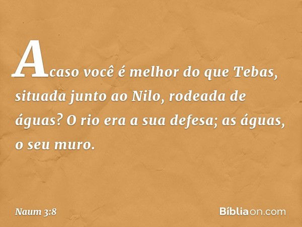 Acaso você é melhor do que Tebas,
situada junto ao Nilo,
rodeada de águas?
O rio era a sua defesa;
as águas, o seu muro. -- Naum 3:8