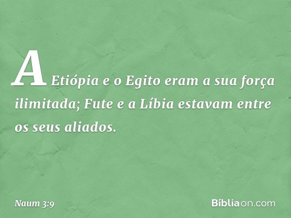 A Etiópia e o Egito
eram a sua força ilimitada;
Fute e a Líbia
estavam entre os seus aliados. -- Naum 3:9