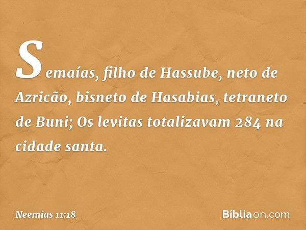 Semaías, filho de Hassube, neto de Azricão, bisneto de Hasabias, tetraneto de Buni;
Os levitas totalizavam 284 na cidade santa. -- Neemias 11:18