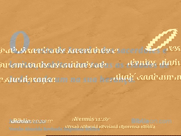 O resto de Israel e dos sacerdotes e levitas, habitou em todas as cidades de Judá, cada um na sua herança.
