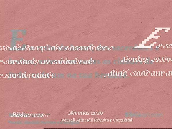 E o resto de Israel, dos sacerdotes e levitas, esteve em todas as cidades de Judá, cada um na sua herdade.