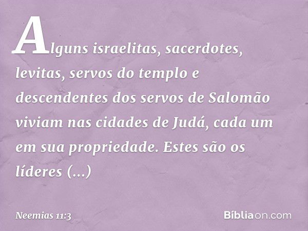 Alguns israelitas, sacerdotes, levitas, servos do templo e descendentes dos servos de Salomão viviam nas cidades de Judá, cada um em sua propriedade. Estes são 