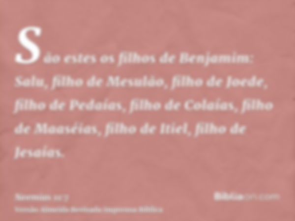 São estes os filhos de Benjamim: Salu, filho de Mesulão, filho de Joede, filho de Pedaías, filho de Colaías, filho de Maaséias, filho de Itiel, filho de Jesaías