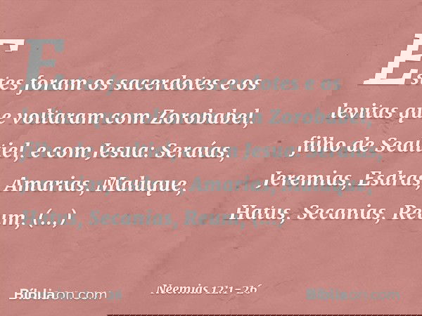 Estes foram os sacerdotes e os levitas que voltaram com Zorobabel, filho de Sealtiel, e com Jesua:
Seraías, Jeremias, Esdras, Amarias, Maluque, Hatus, Secanias,