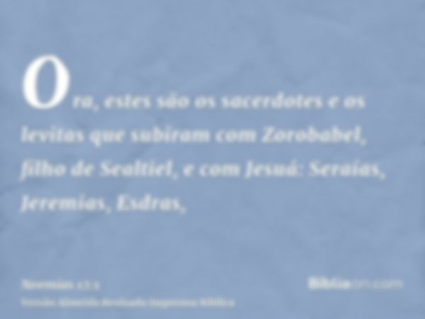 Ora, estes são os sacerdotes e os levitas que subiram com Zorobabel, filho de Sealtiel, e com Jesuá: Seraías, Jeremias, Esdras,