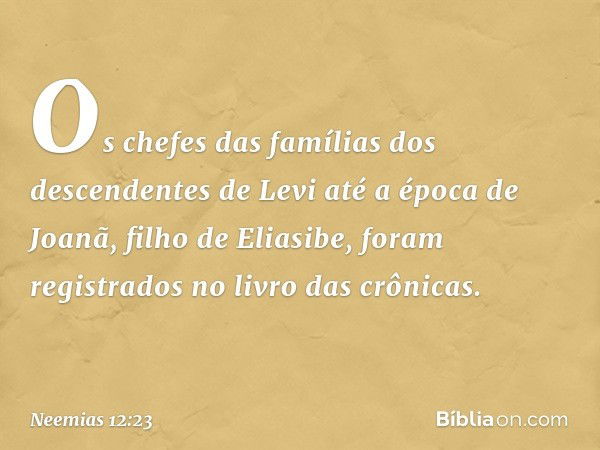 Os chefes das famílias dos descendentes de Levi até a época de Joanã, filho de Eliasibe, foram registrados no livro das crônicas. -- Neemias 12:23