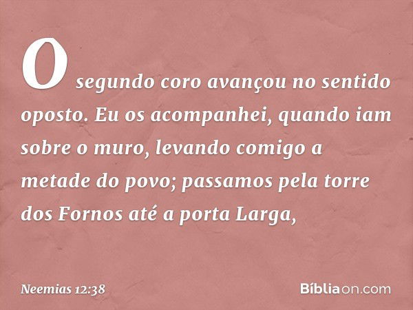 O segundo coro avançou no sentido oposto. Eu os acompanhei, quando iam sobre o muro, levando comigo a metade do povo; passamos pela torre dos Fornos até a porta