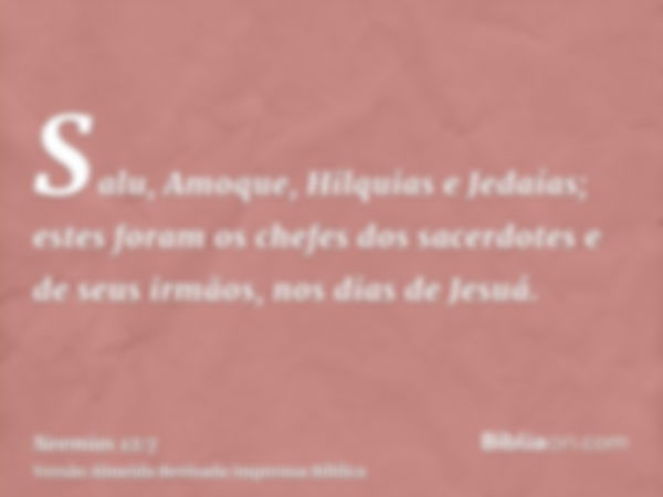 Salu, Amoque, Hilquias e Jedaías; estes foram os chefes dos sacerdotes e de seus irmãos, nos dias de Jesuá.