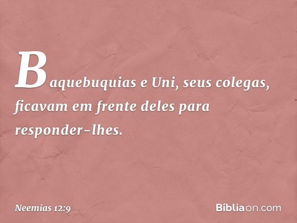 Baquebuquias e Uni, seus colegas,
ficavam em frente deles
para responder-lhes. -- Neemias 12:9