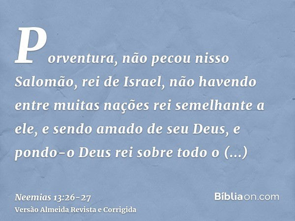 Porventura, não pecou nisso Salomão, rei de Israel, não havendo entre muitas nações rei semelhante a ele, e sendo amado de seu Deus, e pondo-o Deus rei sobre to