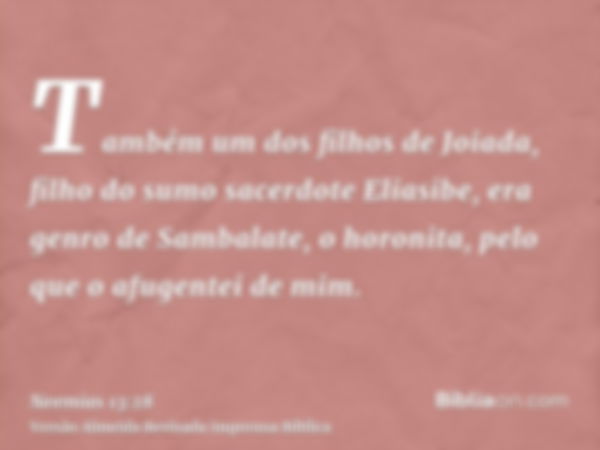 Também um dos filhos de Joiada, filho do sumo sacerdote Eliasibe, era genro de Sambalate, o horonita, pelo que o afugentei de mim.