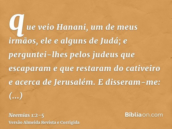 que veio Hanani, um de meus irmãos, ele e alguns de Judá; e perguntei-lhes pelos judeus que escaparam e que restaram do cativeiro e acerca de Jerusalém.E disser