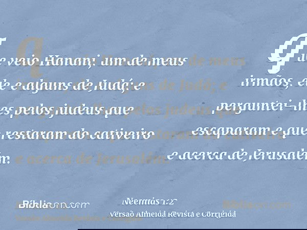 que veio Hanani, um de meus irmãos, ele e alguns de Judá; e perguntei-lhes pelos judeus que escaparam e que restaram do cativeiro e acerca de Jerusalém.