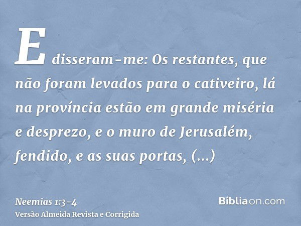 E disseram-me: Os restantes, que não foram levados para o cativeiro, lá na província estão em grande miséria e desprezo, e o muro de Jerusalém, fendido, e as su