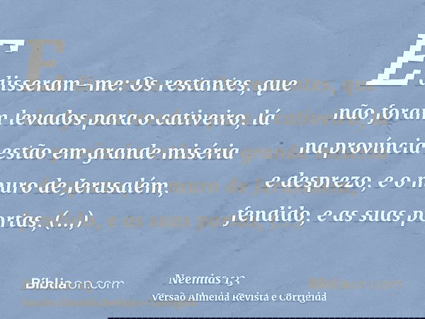 E disseram-me: Os restantes, que não foram levados para o cativeiro, lá na província estão em grande miséria e desprezo, e o muro de Jerusalém, fendido, e as su