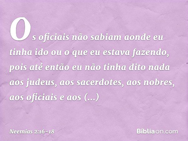 Os oficiais não sabiam aonde eu tinha ido ou o que eu estava fazendo, pois até então eu não tinha dito nada aos judeus, aos sacerdotes, aos nobres, aos oficiais