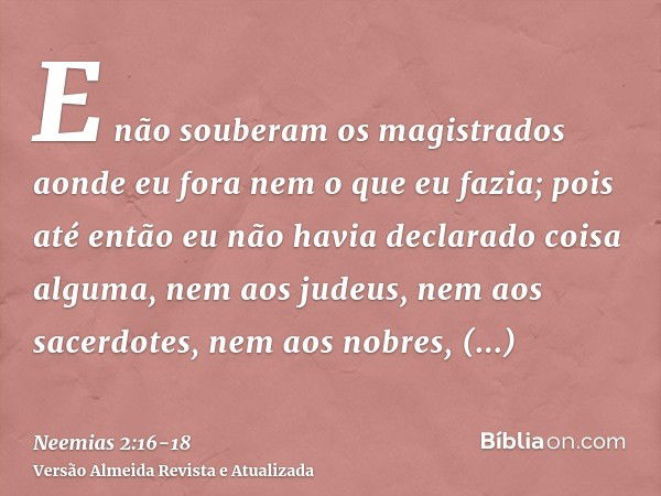 E não souberam os magistrados aonde eu fora nem o que eu fazia; pois até então eu não havia declarado coisa alguma, nem aos judeus, nem aos sacerdotes, nem aos 