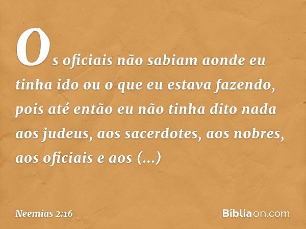 Os oficiais não sabiam aonde eu tinha ido ou o que eu estava fazendo, pois até então eu não tinha dito nada aos judeus, aos sacerdotes, aos nobres, aos oficiais