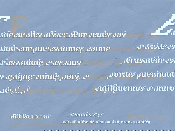 Então eu lhes disse: Bem vedes vós o triste estado em que estamos, como Jerusalém está assolada, e as suas portas queimadas a fogo; vinde, pois, e edifiquemos o
