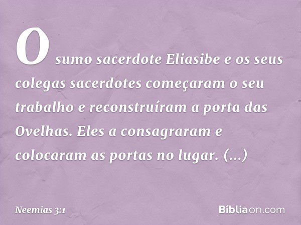 O sumo sacerdote Eliasibe e os seus colegas sacerdotes começaram o seu trabalho e reconstruíram a porta das Ovelhas. Eles a consagraram e colocaram as portas no