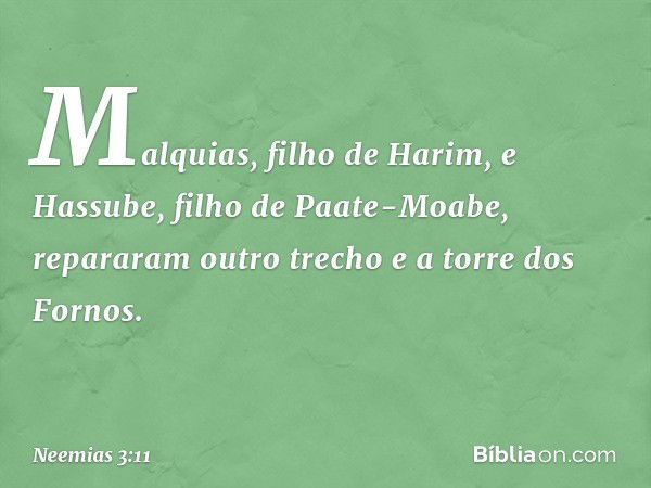 Mal­quias, filho de Harim, e Hassube, filho de Paate-Moabe, repararam outro trecho e a torre dos Fornos. -- Neemias 3:11