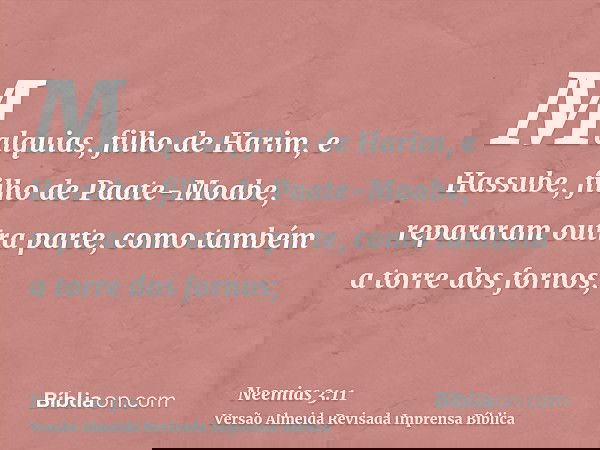Malquias, filho de Harim, e Hassube, filho de Paate-Moabe, repararam outra parte, como também a torre dos fornos;