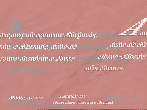 A outra porção reparou Malquias, filho de Harim, e Hassube, filho de Paate-Moabe, como também a Torre dos Fornos.