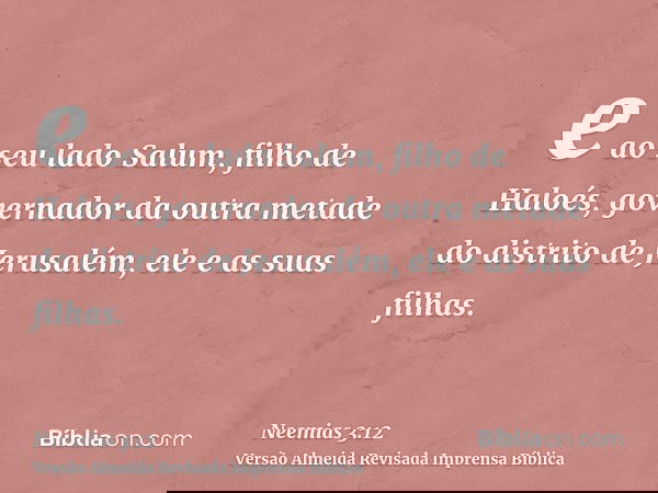 e ao seu lado Salum, filho de Haloés, governador da outra metade do distrito de Jerusalém, ele e as suas filhas.