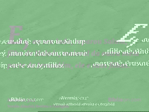E, ao seu lado, reparou Salum, filho de Haloés, maioral da outra meia parte de Jerusalém, ele e suas filhas.