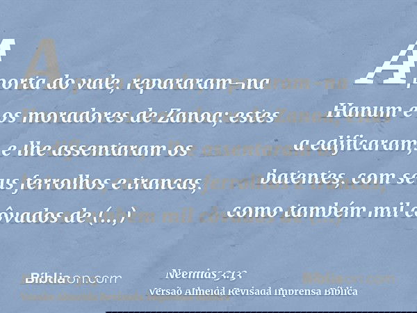 A porta do vale, repararam-na Hanum e os moradores de Zanoa; estes a edificaram, e lhe assentaram os batentes, com seus ferrolhos e trancas, como também mil côv