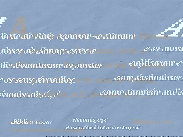 A Porta do Vale, reparou-a Hanum e os moradores de Zanoa; estes a edificaram e lhe levantaram as portas com fechaduras e os seus ferrolhos, como também mil côva