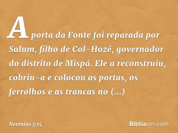 A porta da Fonte foi reparada por Salum, filho de Col-Hozé, governador do distrito de Mispá. Ele a reconstruiu, cobriu-a e colocou as portas, os ferrolhos e as 