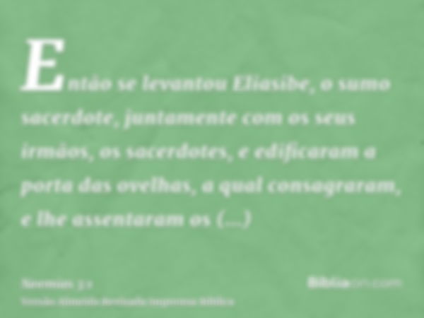 Então se levantou Eliasibe, o sumo sacerdote, juntamente com os seus irmãos, os sacerdotes, e edificaram a porta das ovelhas, a qual consagraram, e lhe assentar