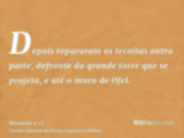 Depois repararam os tecoítas outra parte, defronte da grande torre que se projeta, e até o muro de Ofel.