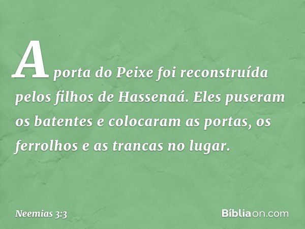 A porta do Peixe foi reconstruída pelos filhos de Hassenaá. Eles puseram os batentes e colocaram as portas, os ferrolhos e as trancas no lugar. -- Neemias 3:3