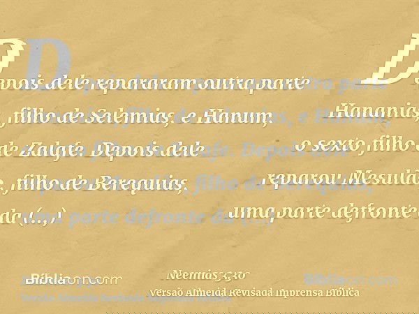 Depois dele repararam outra parte Hananias, filho de Selemias, e Hanum, o sexto filho de Zalafe. Depois dele reparou Mesulão, filho de Berequias, uma parte defr