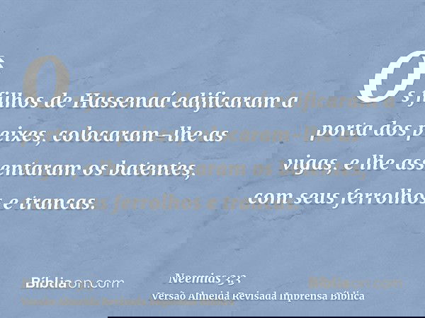Os filhos de Hassenaá edificaram a porta dos peixes, colocaram-lhe as vigas, e lhe assentaram os batentes, com seus ferrolhos e trancas.