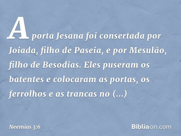 A porta Jesana foi consertada por Joiada, filho de Paseia, e por Mesulão, filho de Besodias. Eles puseram os batentes e coloca­ram as portas, os ferrolhos e as 