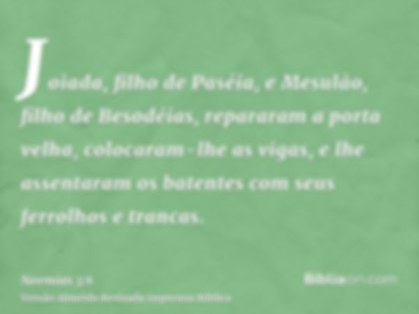 Joiada, filho de Paséia, e Mesulão, filho de Besodéias, repararam a porta velha, colocaram-lhe as vigas, e lhe assentaram os batentes com seus ferrolhos e tranc