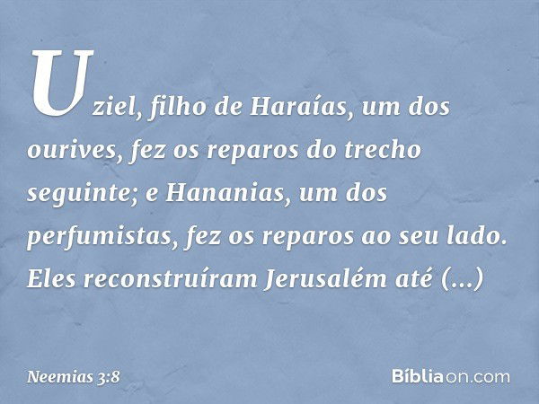 Uziel, filho de Haraías, um dos ourives, fez os repa­ros do trecho seguinte; e Hananias, um dos perfumistas, fez os reparos ao seu lado. Eles reconstruíram Jeru