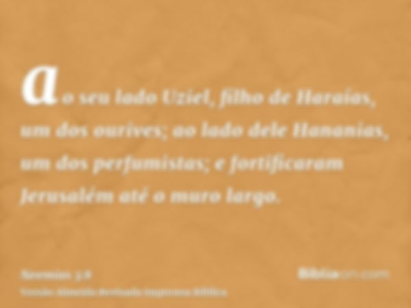 ao seu lado Uziel, filho de Haraías, um dos ourives; ao lado dele Hananias, um dos perfumistas; e fortificaram Jerusalém até o muro largo.