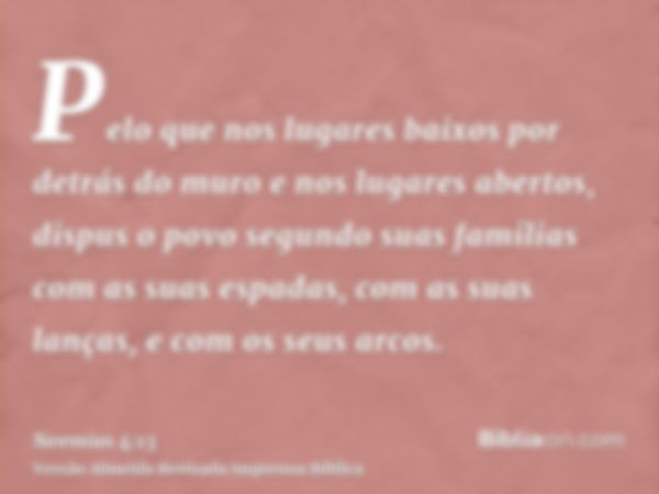 Pelo que nos lugares baixos por detrás do muro e nos lugares abertos, dispus o povo segundo suas famílias com as suas espadas, com as suas lanças, e com os seus