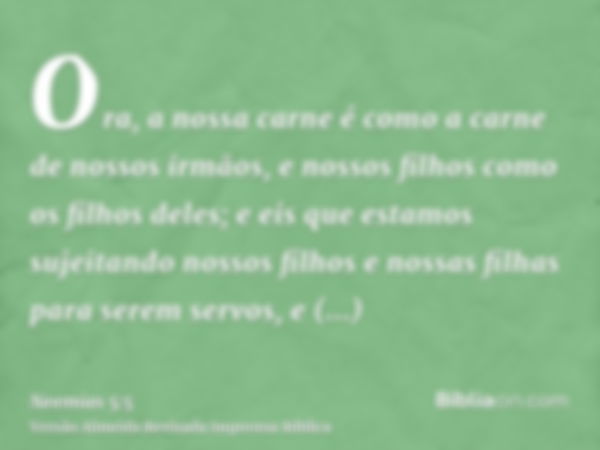 Ora, a nossa carne é como a carne de nossos irmãos, e nossos filhos como os filhos deles; e eis que estamos sujeitando nossos filhos e nossas filhas para serem 