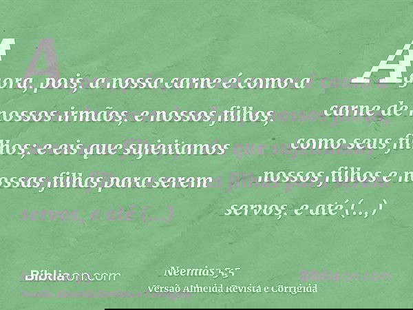 Agora, pois, a nossa carne é como a carne de nossos irmãos, e nossos filhos, como seus filhos; e eis que sujeitamos nossos filhos e nossas filhas para serem ser