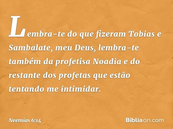Lembra-te do que fizeram Tobias e Sambalate, meu Deus, lembra-te também da profetisa Noadia e do restante dos profetas que estão tentando me intimidar. -- Neemi