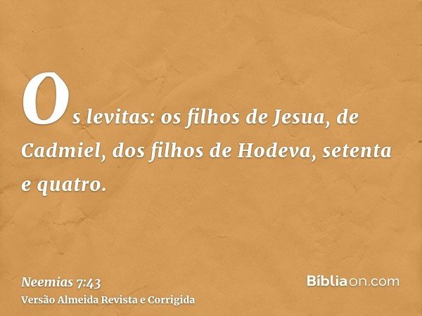 Os levitas: os filhos de Jesua, de Cadmiel, dos filhos de Hodeva, setenta e quatro.