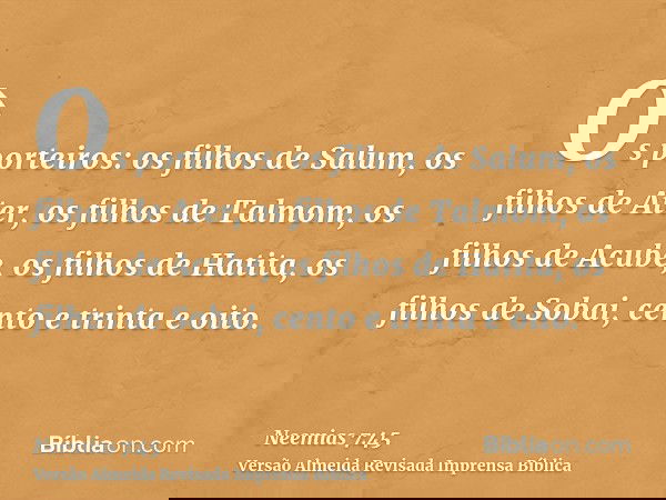 Os porteiros: os filhos de Salum, os filhos de Ater, os filhos de Talmom, os filhos de Acube, os filhos de Hatita, os filhos de Sobai, cento e trinta e oito.
