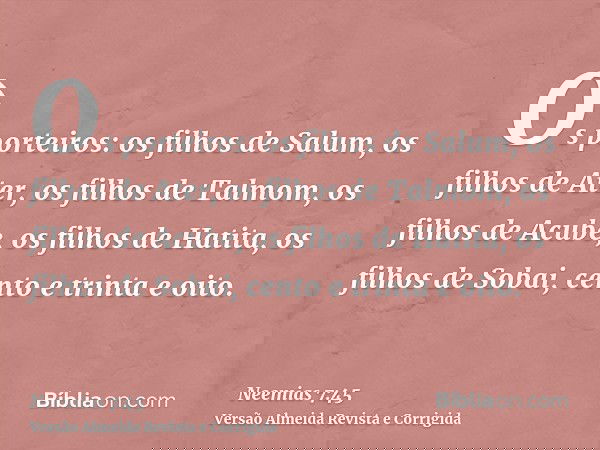 Os porteiros: os filhos de Salum, os filhos de Ater, os filhos de Talmom, os filhos de Acube, os filhos de Hatita, os filhos de Sobai, cento e trinta e oito.