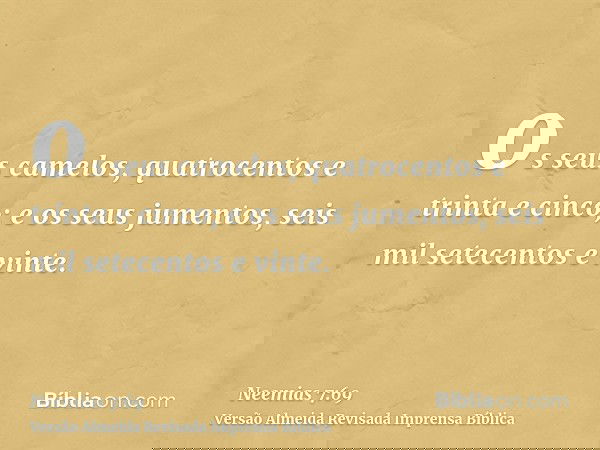os seus camelos, quatrocentos e trinta e cinco; e os seus jumentos, seis mil setecentos e vinte.
