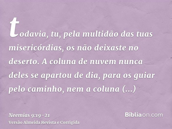 todavia, tu, pela multidão das tuas misericórdias, os não deixaste no deserto. A coluna de nuvem nunca deles se apartou de dia, para os guiar pelo caminho, nem 